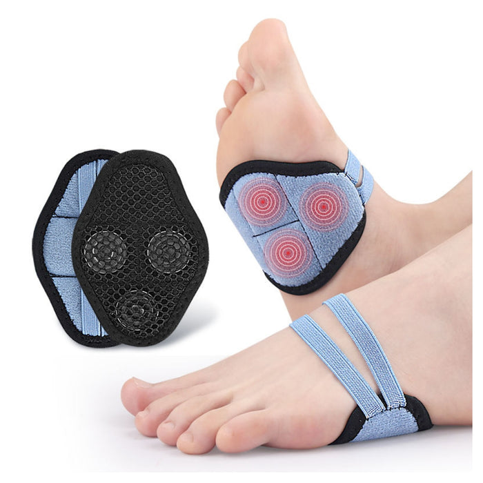 Foot support device with straps on a foot against a white background