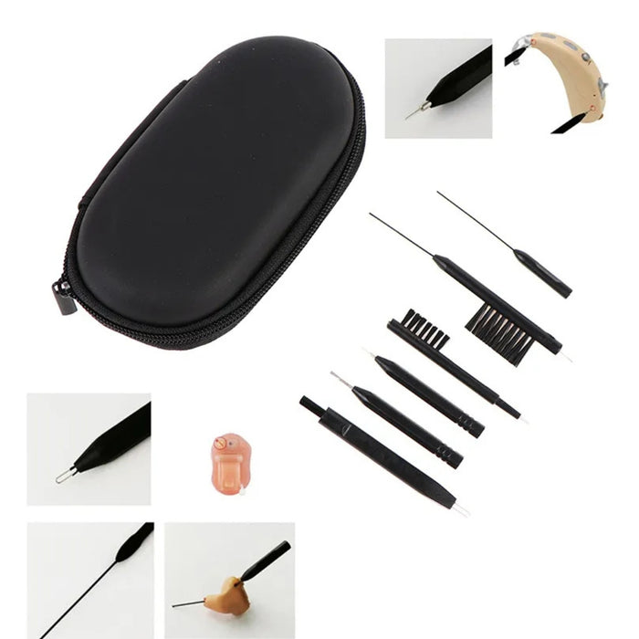 Complete hearing aid care kit with brushes, wax removal tools, vent rods, and close-up usage examples for safe maintenance
