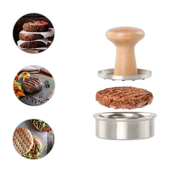 Hamburger press with a wooden handle and metal components, showing a hamburger being made.