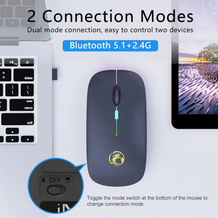 Wireless mouse with Bluetooth 5.1 and 2.4G connection modes on a white background
