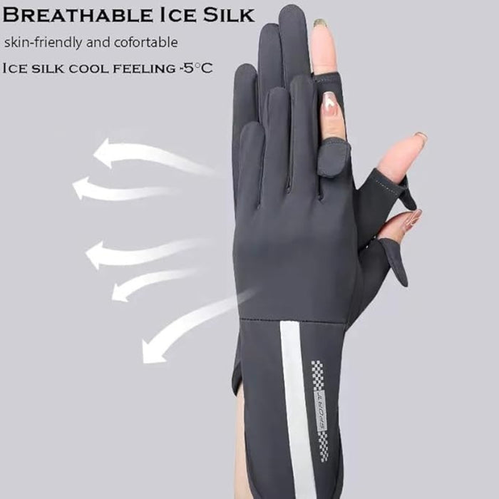 Digital Shoppy ice silk gloves – breathable gloves with thumb and index finger openings, airflow arrows, and -5°C cooling claim