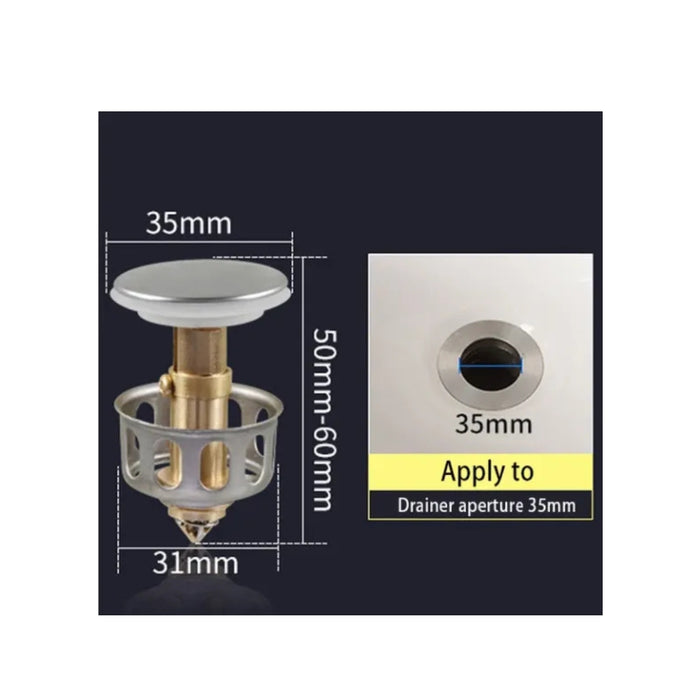 Metal drain cover with dimensions and compatibility information on a black background