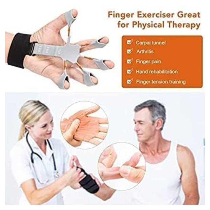 Finger exerciser with a hand using it, shown with a doctor and patient, and text about its uses.