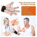 Finger exerciser with a hand using it, shown with a doctor and patient, and text about its uses.