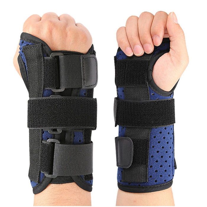Blue and black wrist support braces on a white background