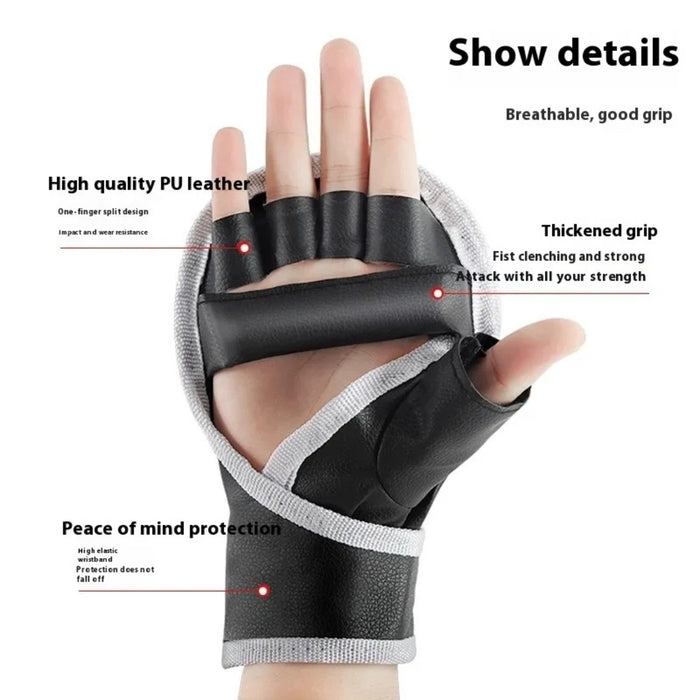 Black half-finger glove with text highlighting features on a white background