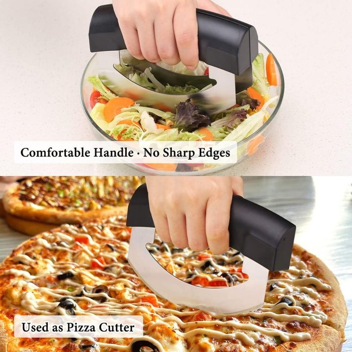 Pizza cutter being used on a pizza and salad, with text indicating comfort and safety features.
