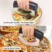 Pizza cutter being used on a pizza and salad, with text indicating comfort and safety features.