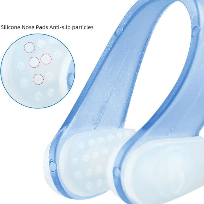 Flexible blue and white nose clip with textured pads and inset showing grip
