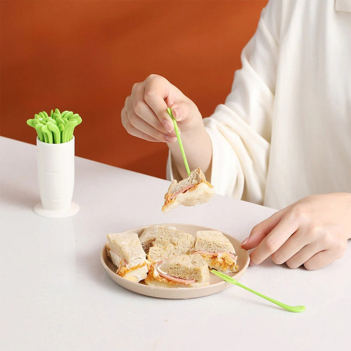 Digital Shoppy Radish Fruit Fork Set – 30pcs Tooth Dessert Picks with Holder – White/Green