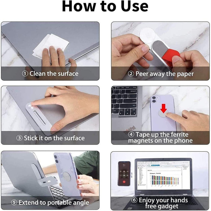Six-panel tutorial showing how to attach magnetic phone holder to laptop – clean surface, apply adhesive, mount phone for hands-free use – 1747662 14007838