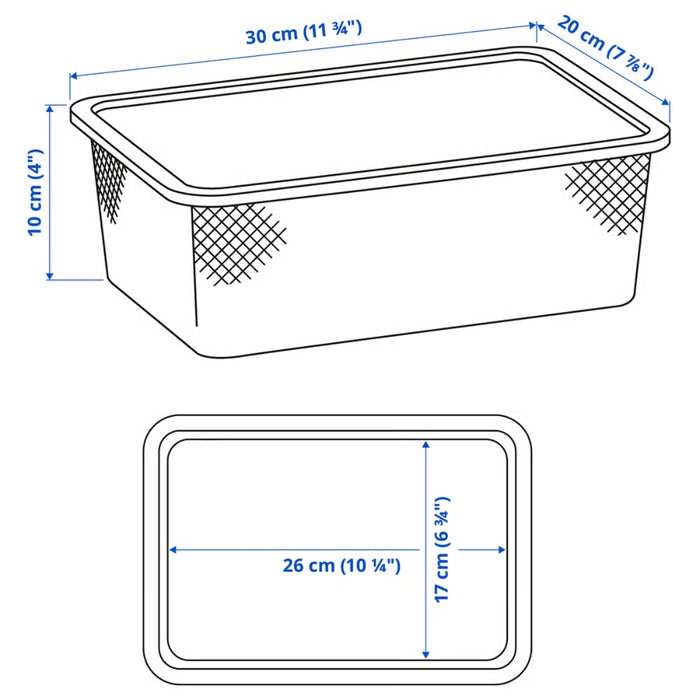 Dimension diagram of TROFAST box: 30x20x10 cm outer size, 26x17 cm internal space for efficient storage planning