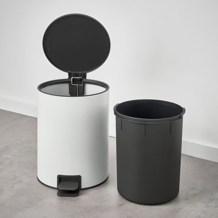Open IKEA TURRIDNING bin showing the removable black inner bucket for easy waste disposal.
