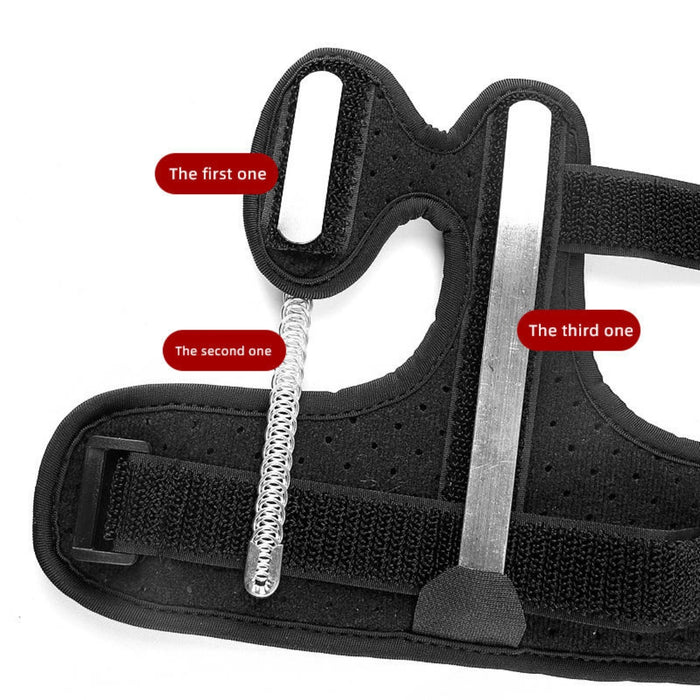 Lifestyle shot of a person wearing the black bunion corrector under socks and shoes, highlighting its low-profile and discreet design.