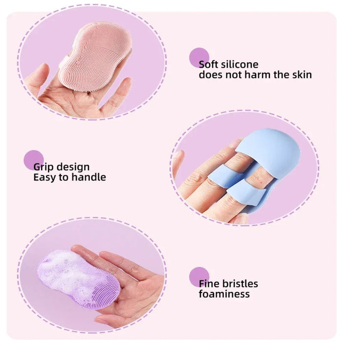 Purple silicone scrubber, 2pcs; shown with soft bristles, ergonomic grip, and foaming action – safe for skin, easy to handle – ideal for face and baby bath – 860000022226113652836