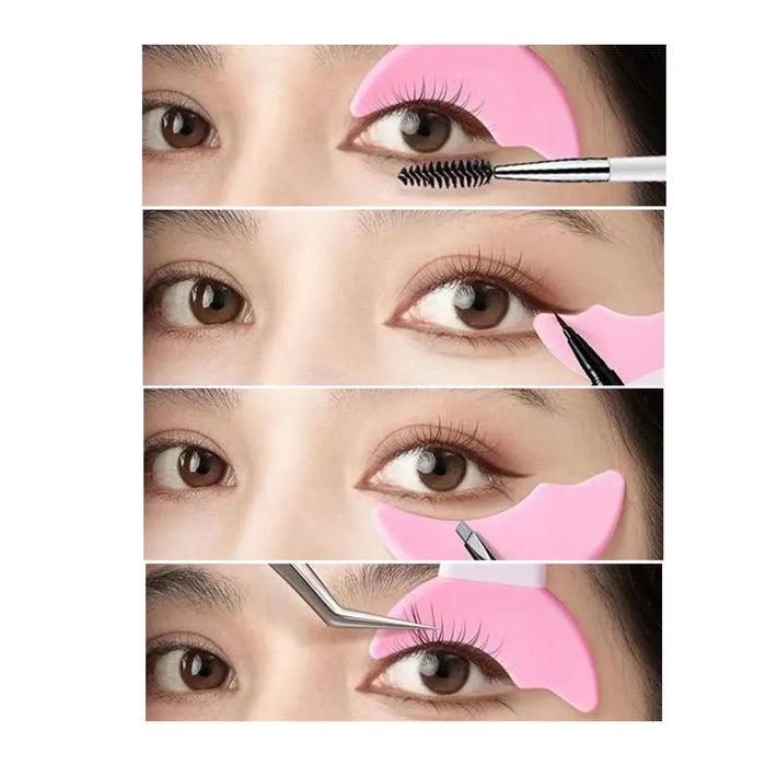 Step-by-step process of applying false eyelashes with tools on a person's eye.