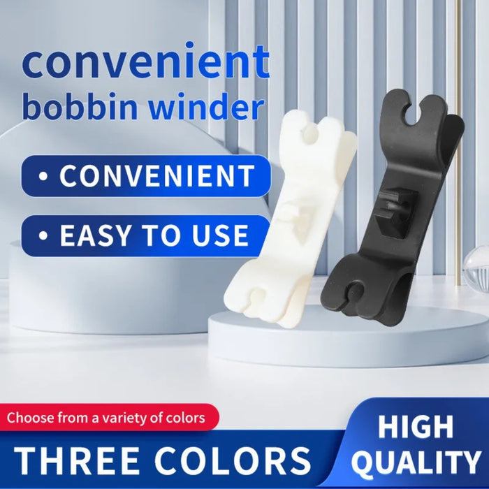 Two bobbin winders, one white and one black, on a stand with text highlighting convenience and quality.