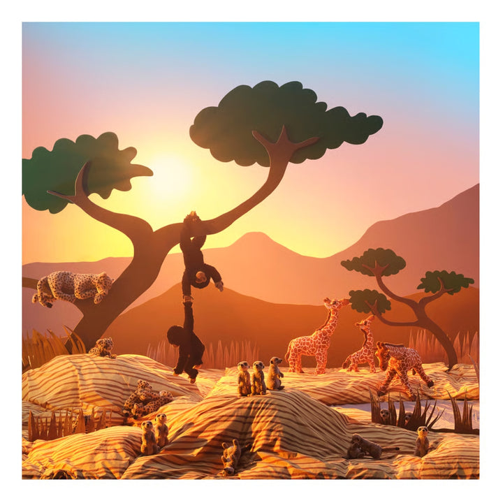 Illustration of animals in a savanna at sunset with a tree and mountains in the background.
