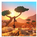 Illustration of animals in a savanna at sunset with a tree and mountains in the background.