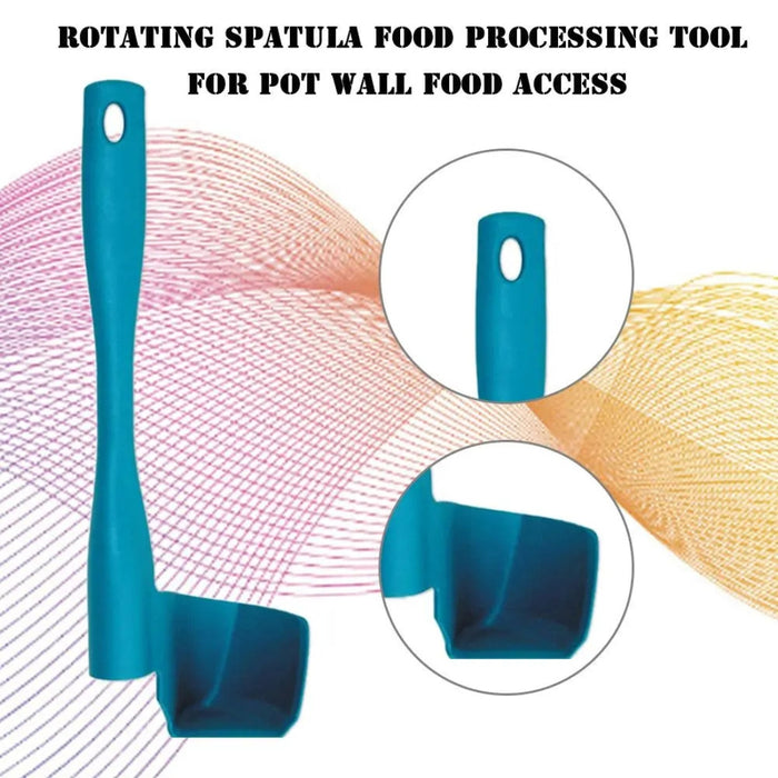 Blue rotating spatula tool with angled head and hanging hole – shown with close-up insets against colorful wave background – 777701 13962262