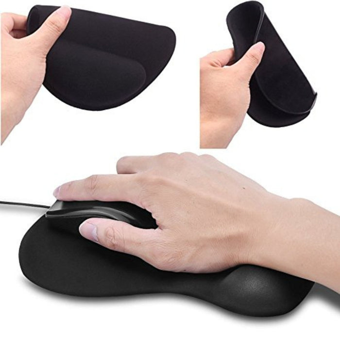 Digital Shoppy black ergonomic silicone mouse pad with wrist support shown in three angles: one image highlights its bendable, flexible nature as it’s gently twisted; another shows a hand using a mouse with the wrist resting comfortably on the raised pad; the third image displays the pad held in hand, emphasizing its lightweight and soft material—designed for prolonged comfort during computer use -1595811 13048945.