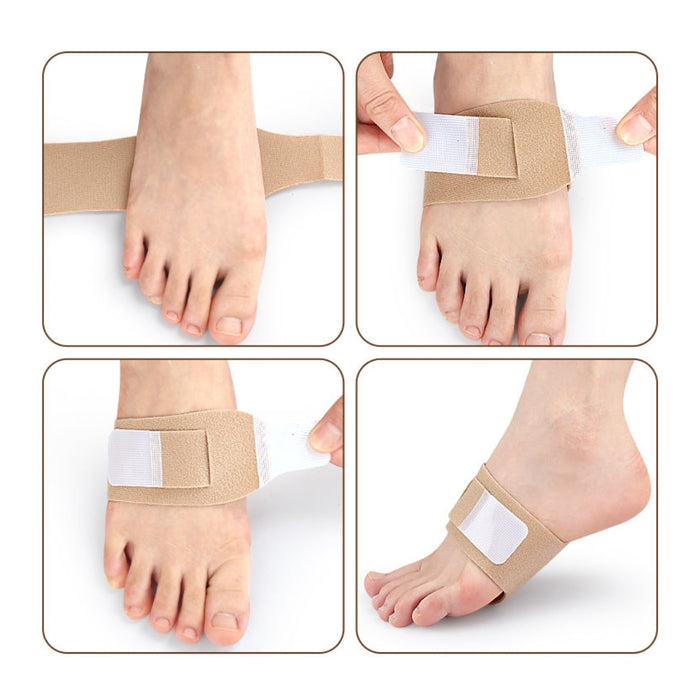 Step-by-step demonstration of using a beige foot brace on feet.