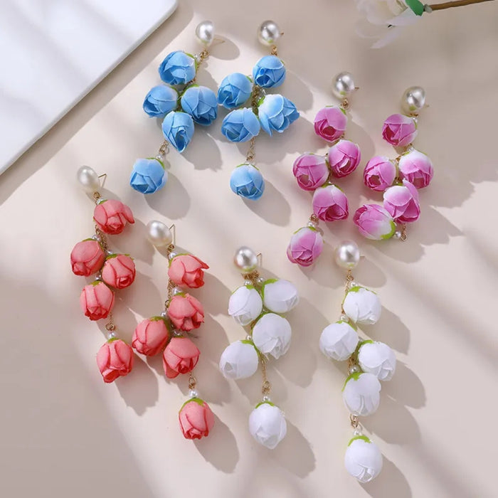 Digital Shoppy red bud earrings – multi-color rosebud earring set with red variant featuring pearl top and green accents