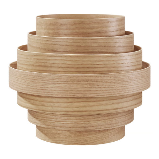 Set of wooden planters with concentric cylindrical design on a white background