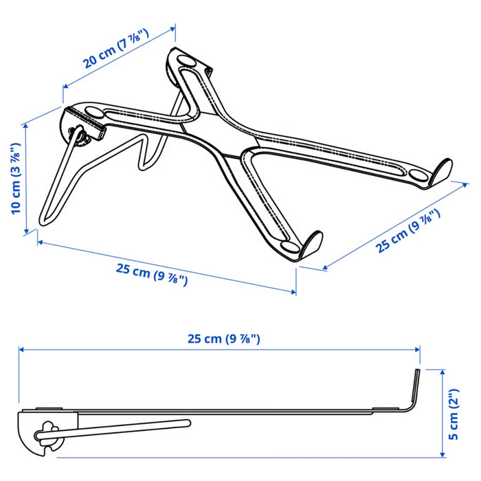 IKEA LÅNESPELARE foldable laptop support in blue, shown in technical drawing with dimensions: 25x20x10 cm open, 5 cm folded