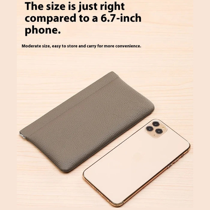 Gray cowhide leather wallet – size comparison with 6.7-inch smartphone, compact and easy to carry