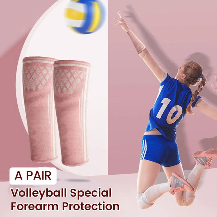 Pink volleyball forearm sleeves shown in action – player wearing sleeves while jumping to hit ball, with product displayed beside – 1600002527315