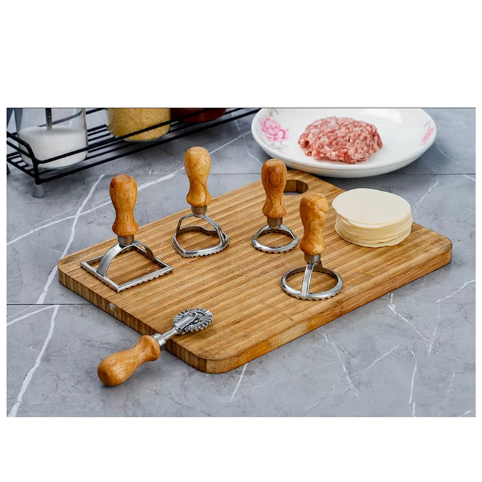 Digital Shoppy Ravioli Stamp Maker Cutter Set of 5 – Stainless Steel Pasta, Dumpling & Cookie Cutter with Wooden Handle