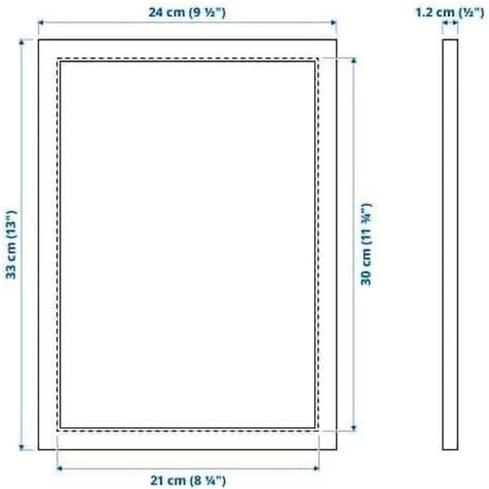 Dimension diagram of IKEA FISKBO frame in dark grey-blue, 21x30 cm (8 ¼x11 ¾"); outer size 24x33 cm (9 ½x13") with 1.2 cm (½") thickness – shows inner and outer measurements for accurate fitting and wall placement - 20584930