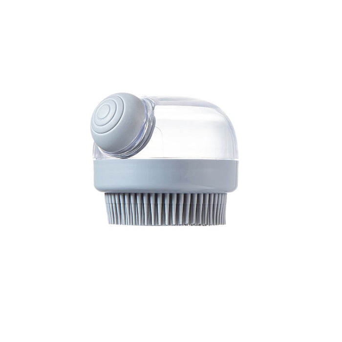 Grey silica gel scrubbing brush designed for body cleansing during baths. Features soft bristles and a built-in liquid dispenser for effective exfoliation and deep cleaning.- 159845334888512362182