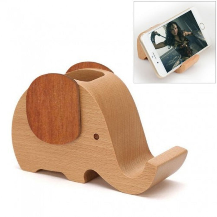 Wooden elephant phone stand with inset showing phone on display