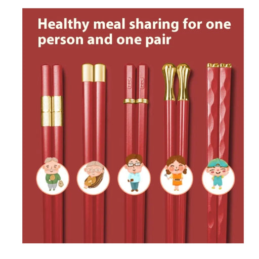 Red chopsticks with gold tips on a red background, featuring illustrations of people and food.