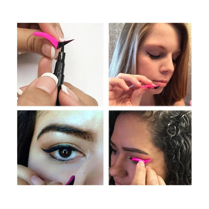 Step-by-step process of using a pink eyeliner pencil on eyes.