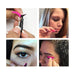 Step-by-step process of using a pink eyeliner pencil on eyes.