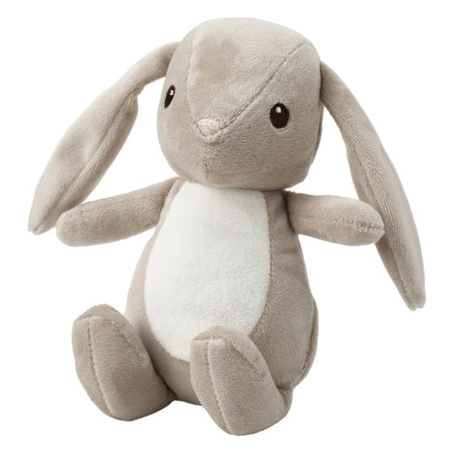 Plush toy rabbit with beige and white fur on a white background