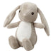 Plush toy rabbit with beige and white fur on a white background