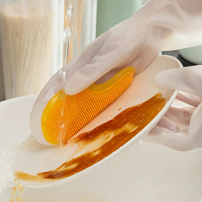 Digital Shoppy 1 Pair Kitchen Cleaning Silicone Dishwashing Gloves, yellow/white