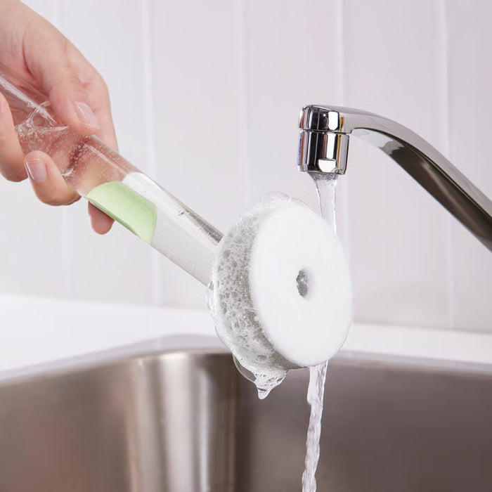 
IKEA VIDEVECKMAL 3-piece dish sponge set with dispenser, light green

The IKEA VIDEVECKMAL dish sponge set makes washing dishes more convenient. This 3-piece set includes a clear dispenser handle in a fresh light green, allowing you to easily see the soap level and refill when needed. As illustrated, you can simply pour your dish soap directly into the handle