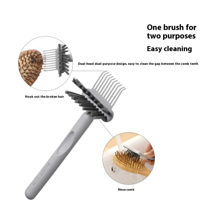 Gray dual-use comb cleaning brush with claw and bristle head; shown removing broken hair and rinsing comb – durable, ergonomic tool for deep cleaning – 1600004667634, 13645135