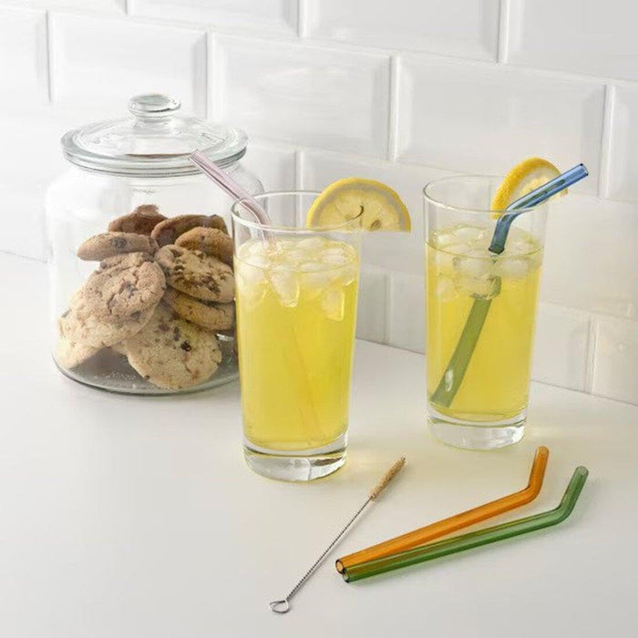 IKEA VARDAGEN Glass, clear glass, 31 cl with Drinking straws/clean brush set of 5, mixed colours and Paper napkin, white, 16x32 cm