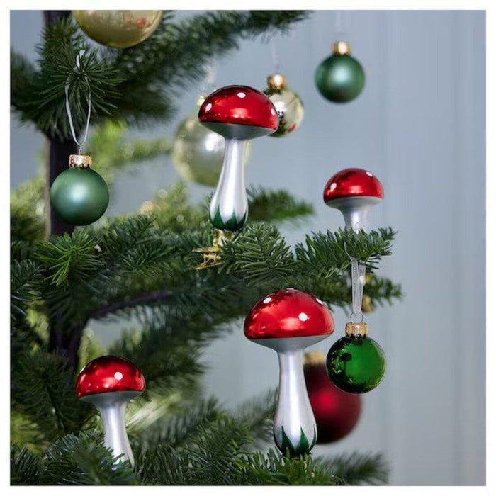 IKEA VINTER 2021 Gift box, set of 2, handmade Christmas tree shaped/green with  Decoration set of 2, mushroom/glass red