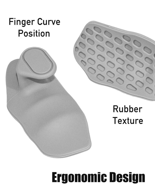Gray ergonomic product with finger curve position and rubber texture features on a white background
