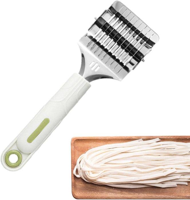 Noodle maker with a wooden board of freshly made noodles on a white background