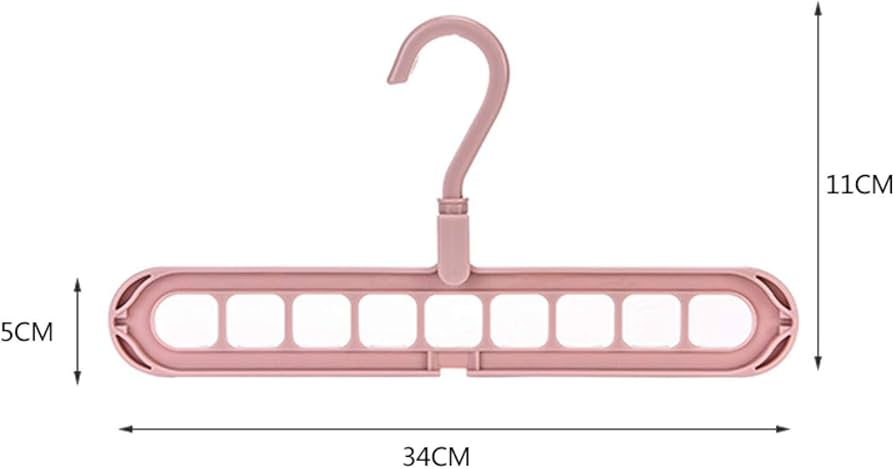 Space-efficient pink clothes hanger with 9 sturdy holes that holds multiple outfits in small spaces