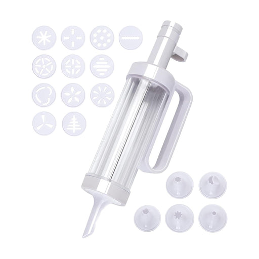 Complete cookie press set with multiple nozzles and mold discs for creating stars, trees, flowers, and festive shapes