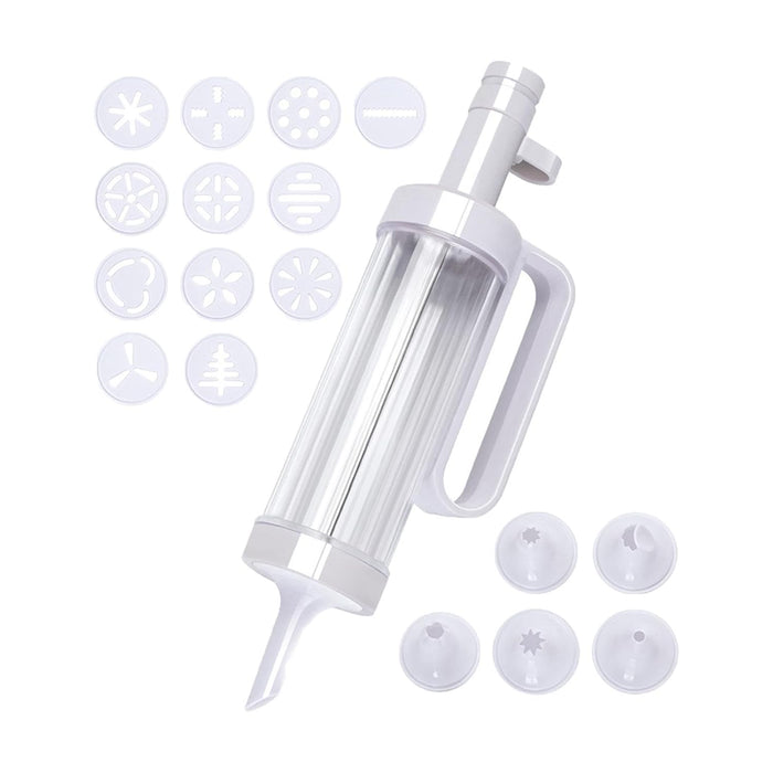 Complete cookie press set with multiple nozzles and mold discs for creating stars, trees, flowers, and festive shapes